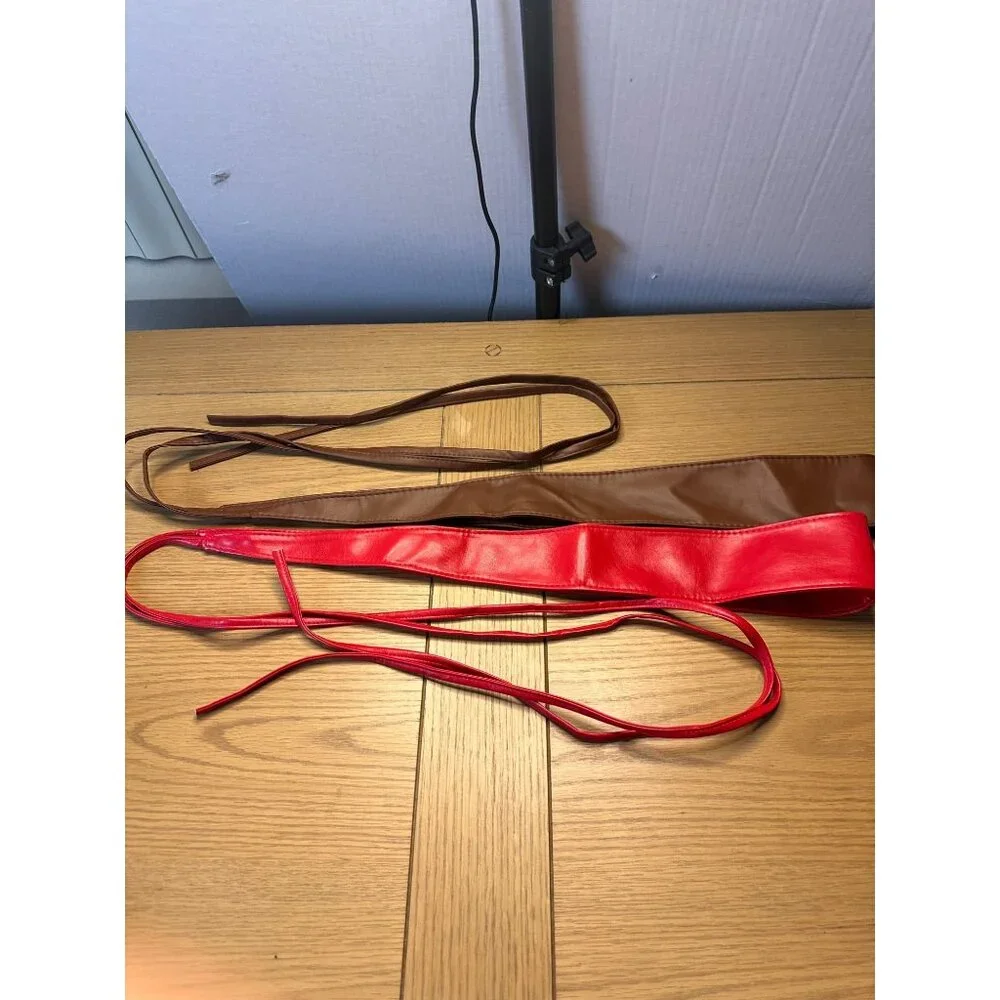 LOT of 2 Red and Brown Faux Leather Wrap Belts Long Ties Adjustable Fit